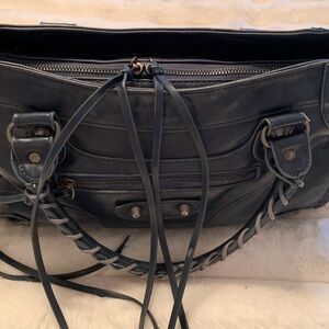 Elegant Navy Blue Faux Leather Moto City Handbag